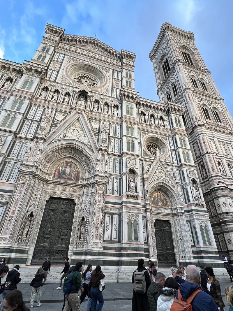 The facade at an angle, campanile behind